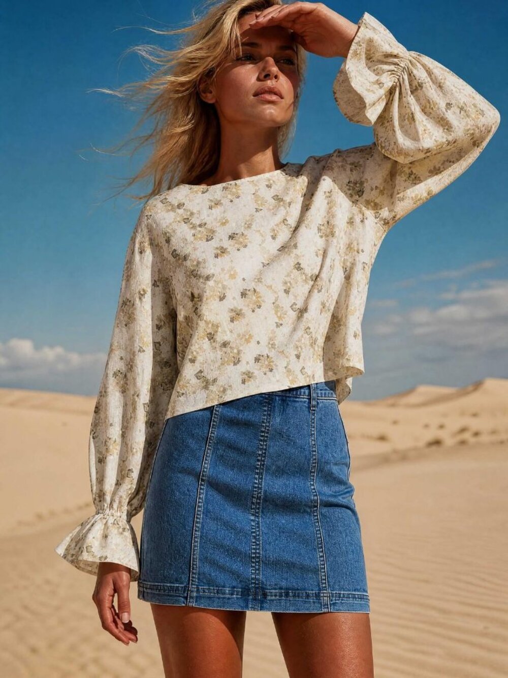 Cropped Floral Blouse With Cinched Sleeves - Tan Combo